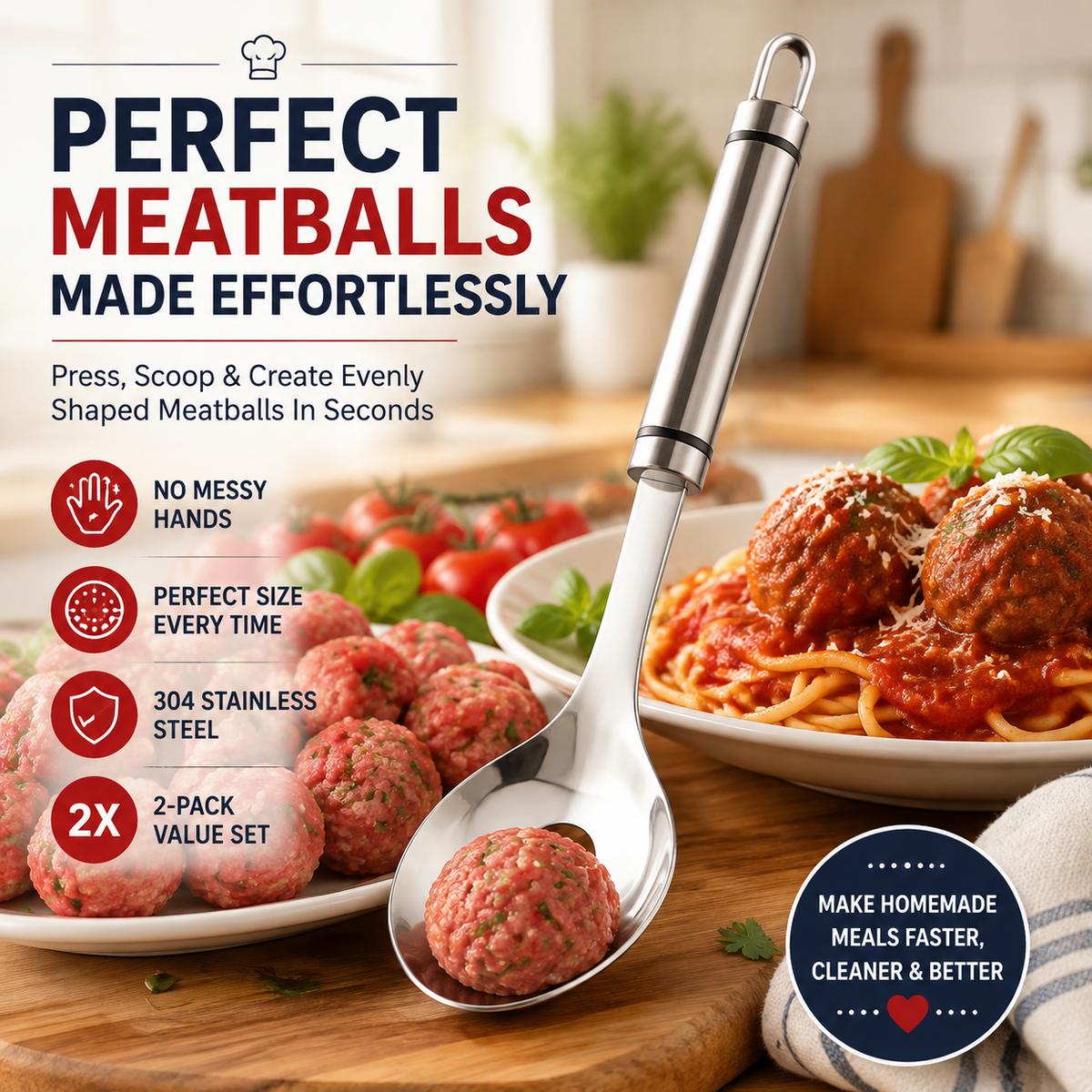 🍝🥄Cucchiaio per polpette in acciaio inox: prepara polpette perfette senza sporcarti le mani