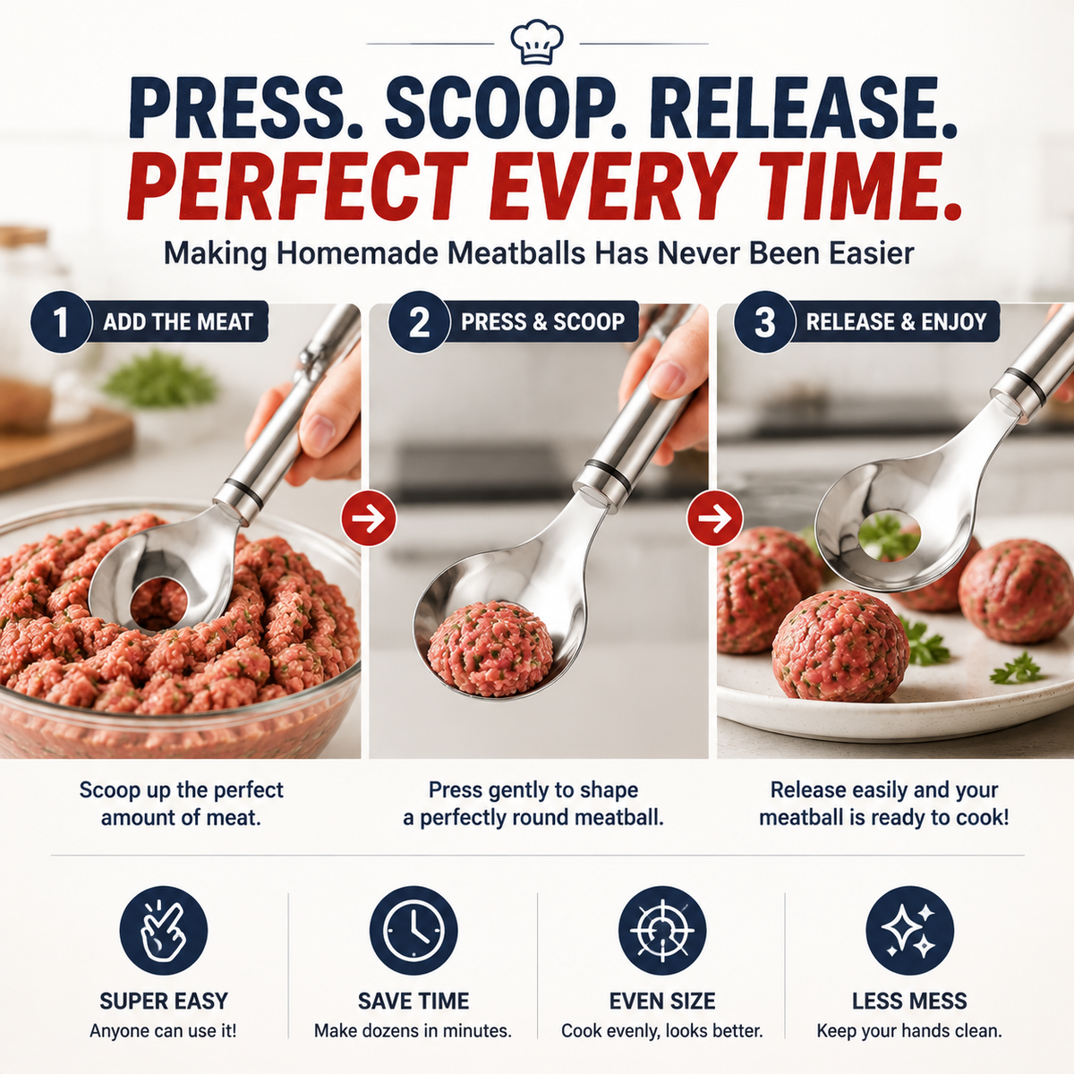🍝🥄Cucchiaio per polpette in acciaio inox: prepara polpette perfette senza sporcarti le mani