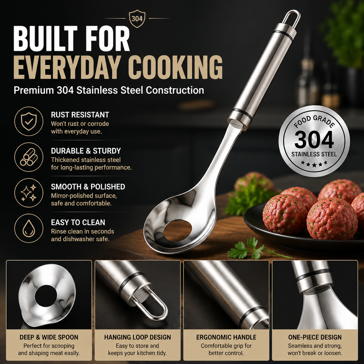 🍝🥄Cucchiaio per polpette in acciaio inox: prepara polpette perfette senza sporcarti le mani