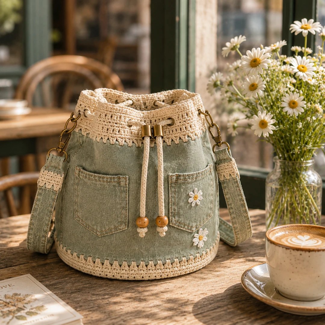 🔥Offerta imperdibile! Sconto del 50%!✨👜Borsa a secchiello in denim lavorata all'uncinetto a mano