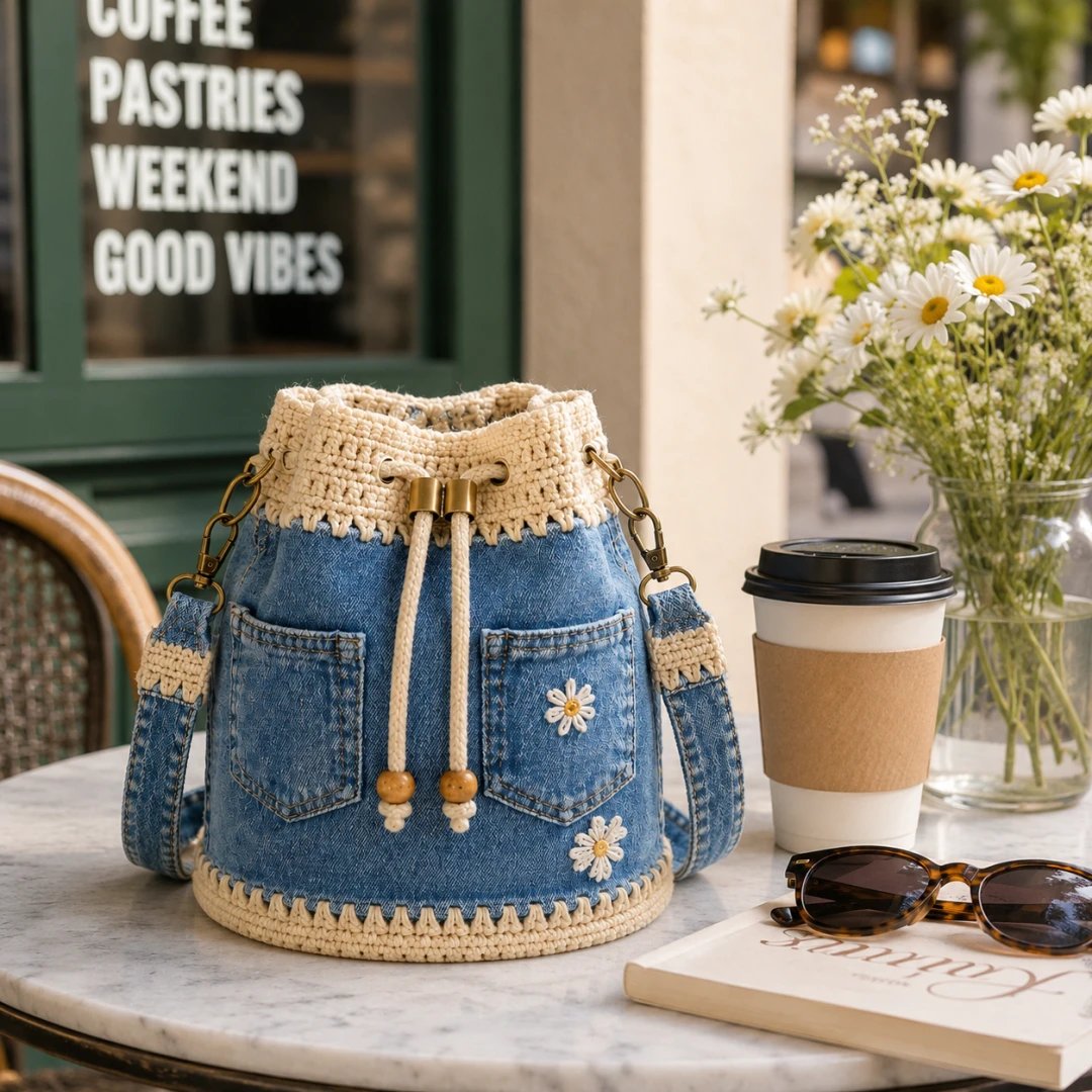 🔥Offerta imperdibile! Sconto del 50%!✨👜Borsa a secchiello in denim lavorata all'uncinetto a mano