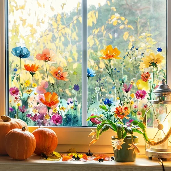 Acquista 2 e ricevi 1 in omaggio💐Adesivo per finestra con bouquet di fiori colorati💞
