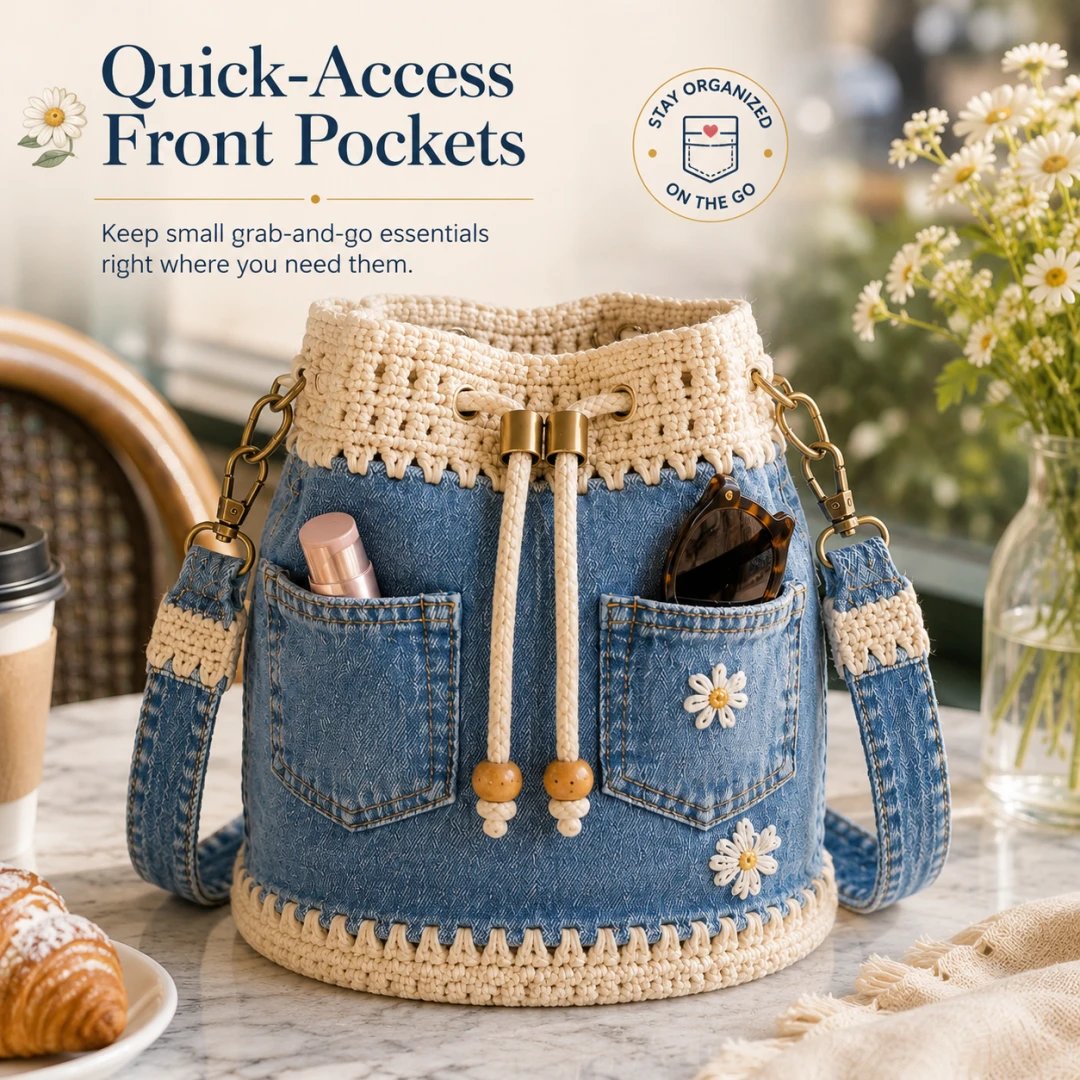 🔥Offerta imperdibile! Sconto del 50%!✨👜Borsa a secchiello in denim lavorata all'uncinetto a mano