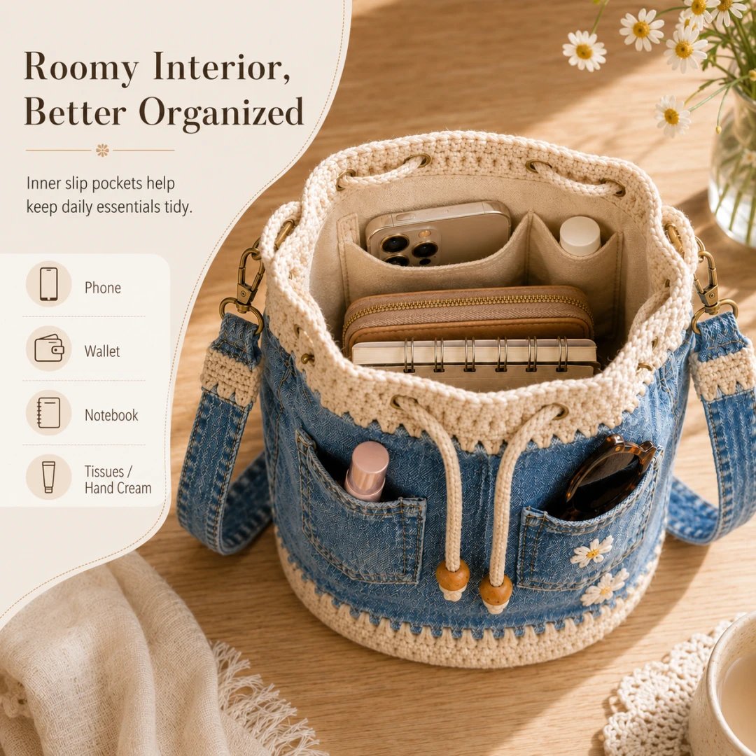 🔥Offerta imperdibile! Sconto del 50%!✨👜Borsa a secchiello in denim lavorata all'uncinetto a mano