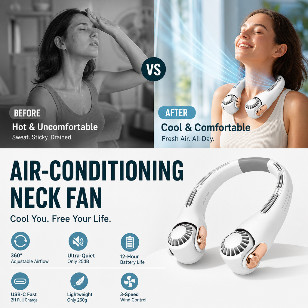 🥳Articolo più venduto del 2026🥳💨 Sconto del 50%! 🍃 Ventilatore da collo con funzione di condizionatore d'aria - Un must per l'estate!
