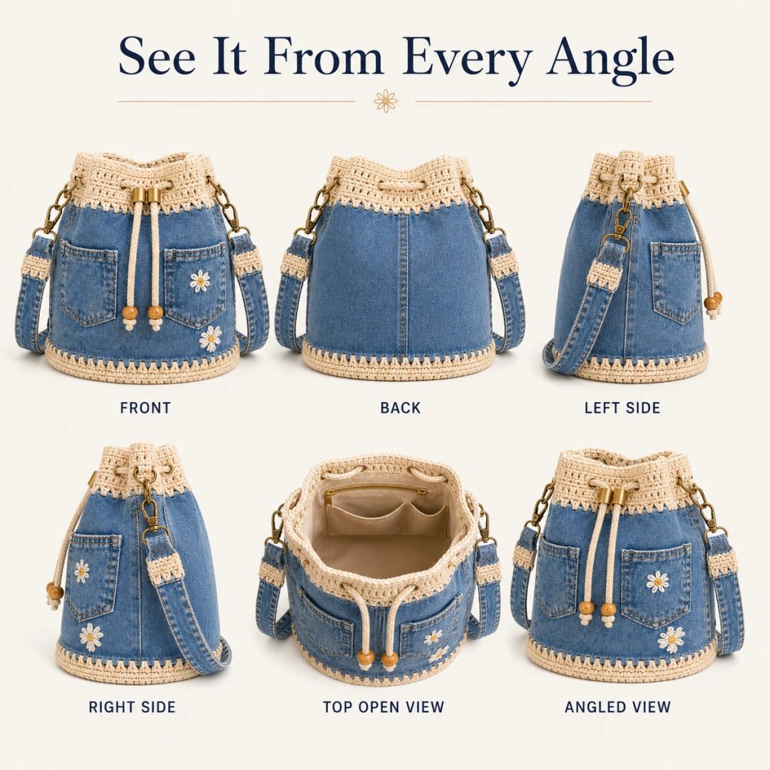 🔥Offerta imperdibile! Sconto del 50%!✨👜Borsa a secchiello in denim lavorata all'uncinetto a mano