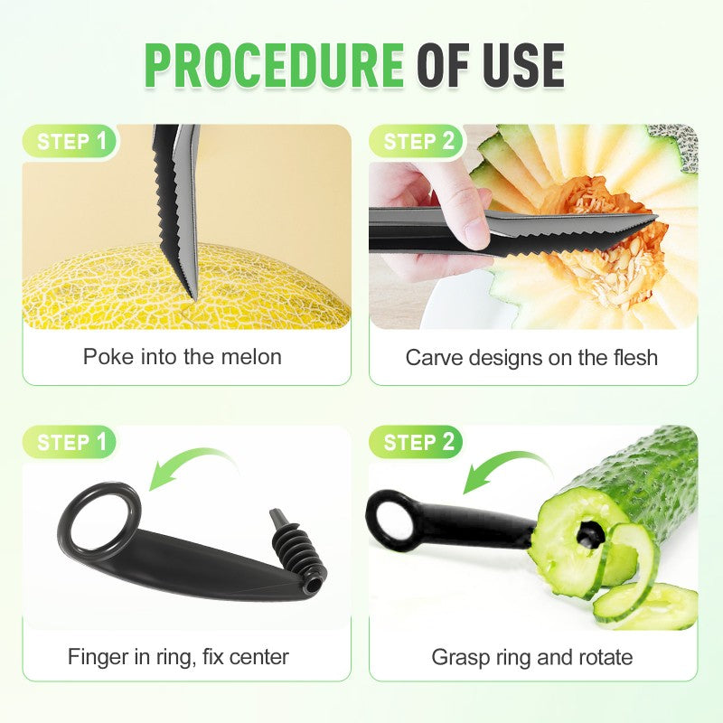 Set composto da spirale e utensile a V per decorare la frutta.